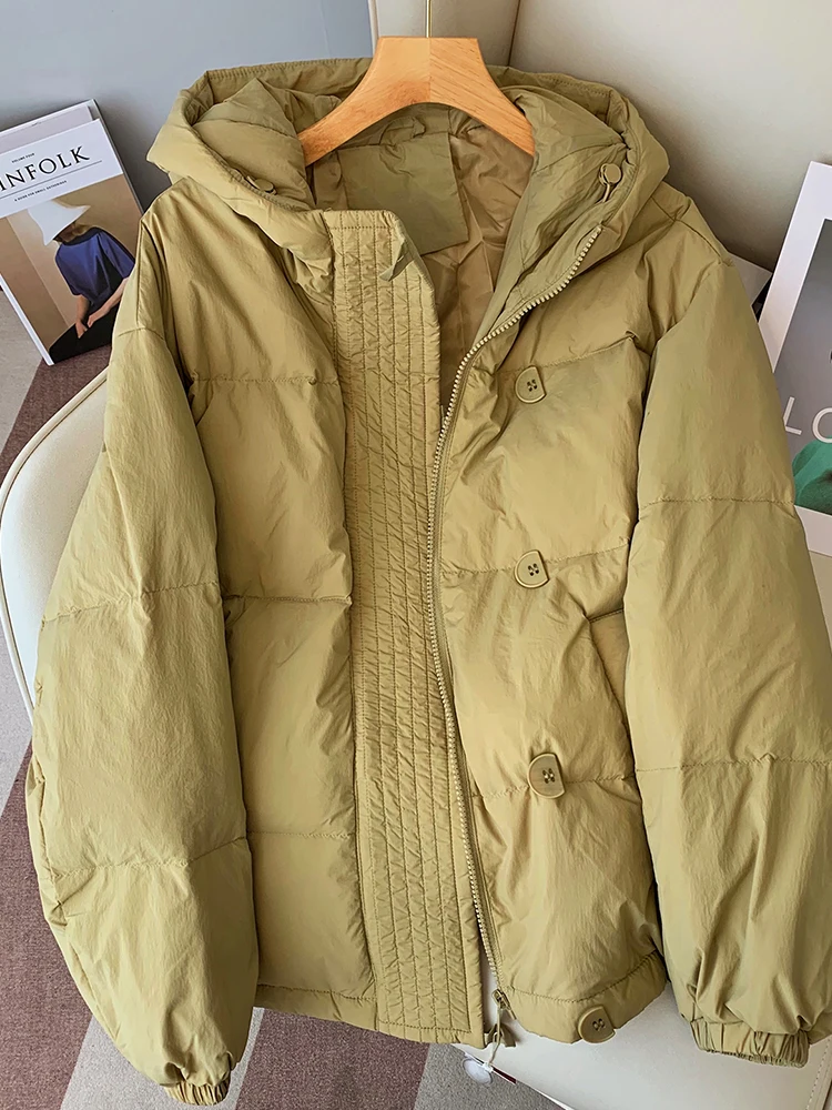 

Женский зимний пуховик на молнии, однотонный белый утиный пуховик свободного покроя с капюшоном и подкладкой, Повседневная теплая верхняя одежда, 2022