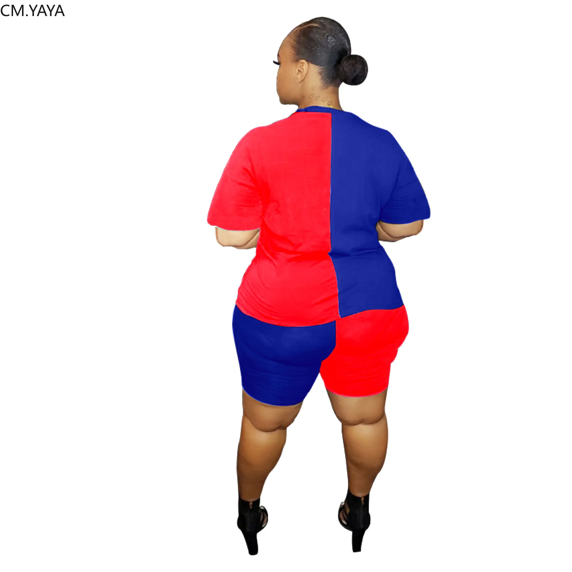 CM.YAYA Patchwork Women Two Piece Sets Summer Tracksuit Short Sleeve Tee Tops + Shorts Leggings Suit Fitness Outfit Sweatsuit |