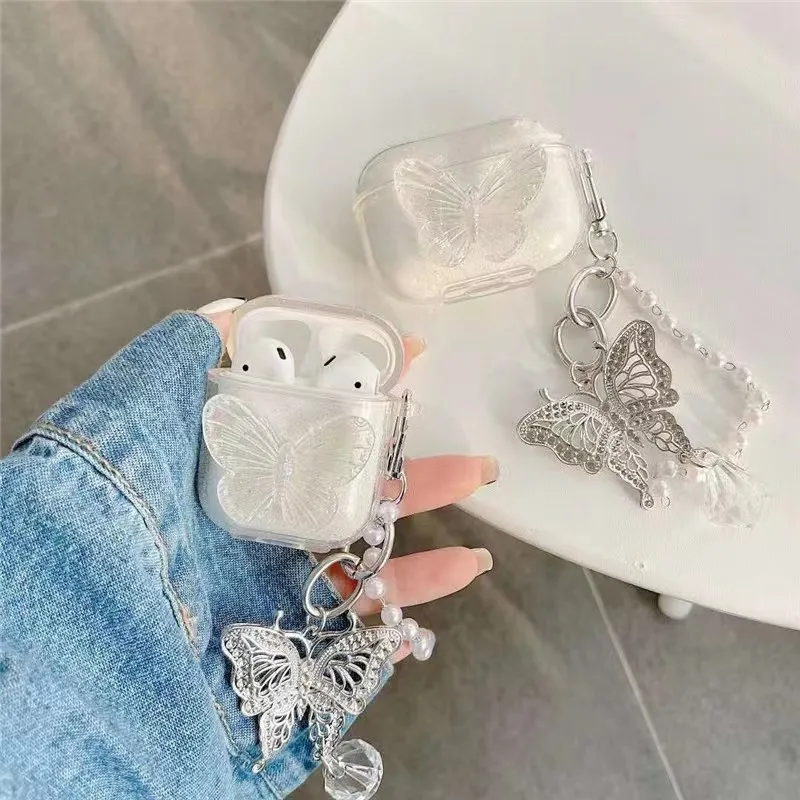 

3D Cute Butterfly Funda for Airpods Pro 2 Case Soft Clear Earphone Accessorie Cover for Air Pods 1 2 3 Case Pendant Pearl Chain