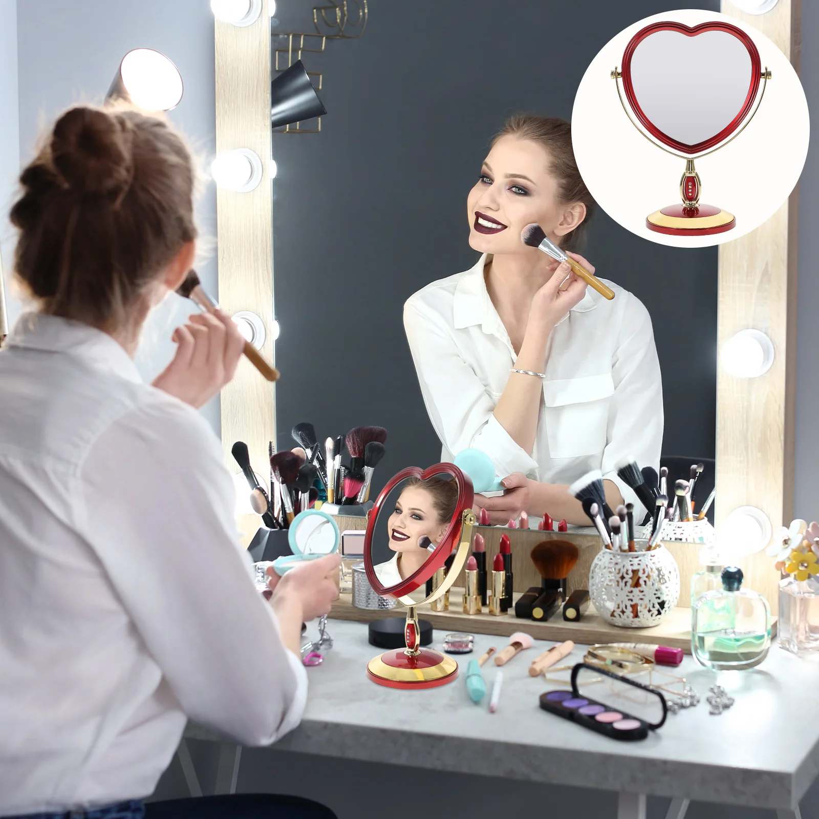 

Mirror Makeup Vanity Tabletop Double Desktop Sided Dressing Dresser Table Travel Stand Rotating Desk Household Standing Tool