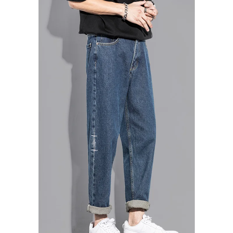 Streetwear Men New Pattern Port Breeze Recreational Blue Pants Straight Cylinder Comfortable Loose Versatile Jeans Autumn Female