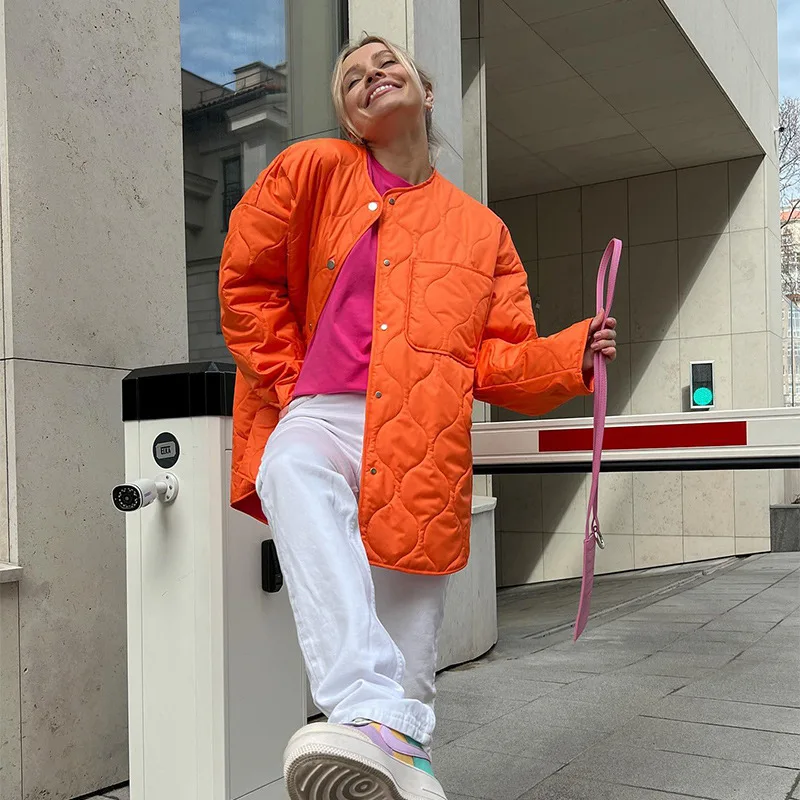 2023 Autumn Women's Cotton-padded Jacket Green Solid O-neck Single Breasted Pockets Long Sleeve Female Elegant Ladies Clothes