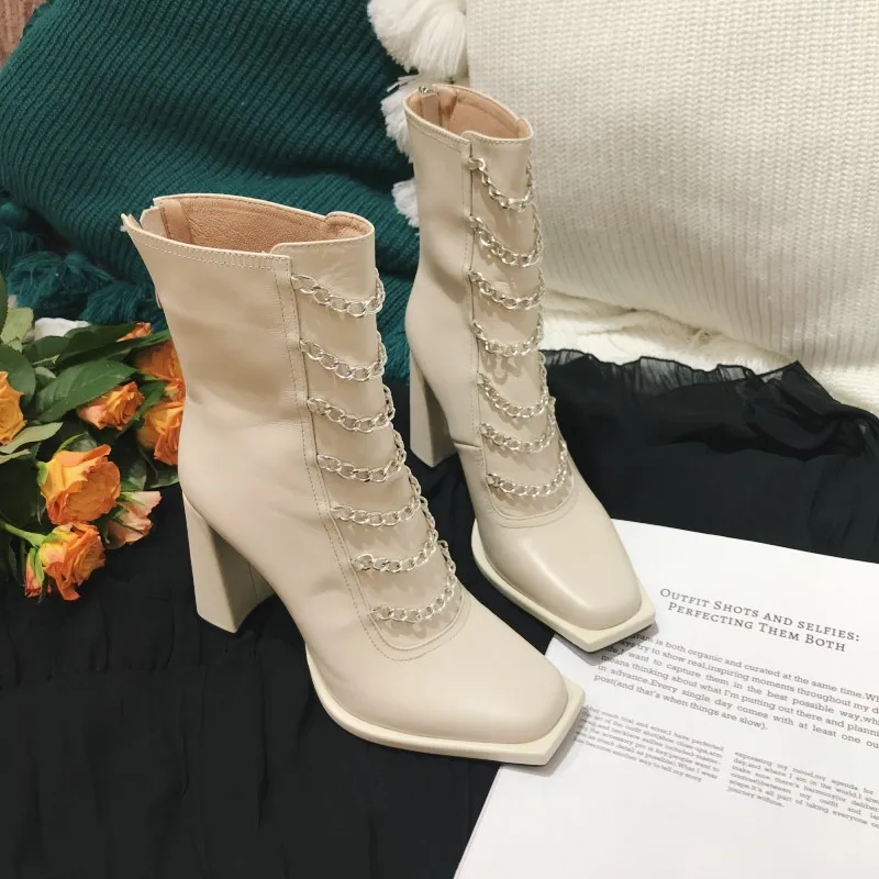 

2022 Autumn ROME Shoes Women Zipper Genuine Leather Chain Square Toe Booties Fashion Female Mid-calf Chunky Heel Martin Boots