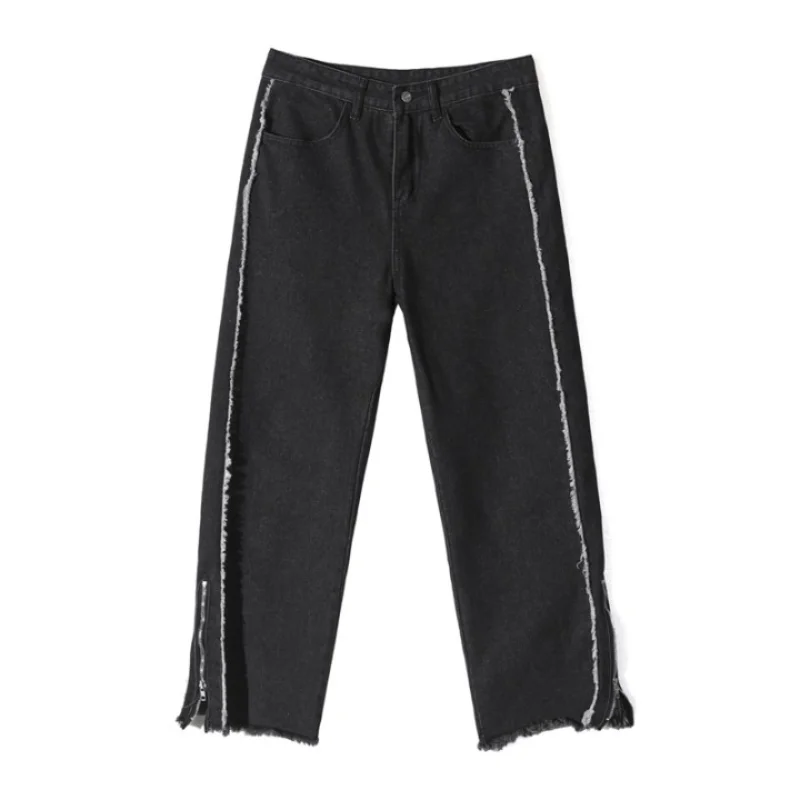 DEEPTOWN Vintage Embroidery Jeans Men Black Zipper Denim Pants Straight Loose Streetwear Trousers Male Casual Fashion Hip Hop