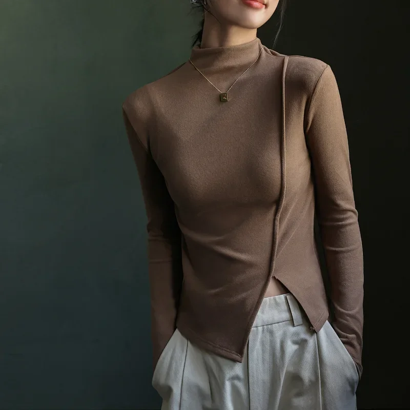 

Wholesale High Strech T Shirts Base Slim Tops Women 2023 Autumn Winter Long Sleeve Mock Neck Basic Thin Solid Fleeces T Shirt