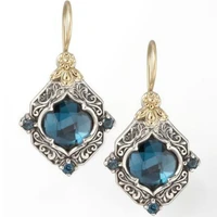 retro ethnic palace style rhombus inlaid blue crystal rhinestone dangle earrings engraving geometric pattern for women jewelry