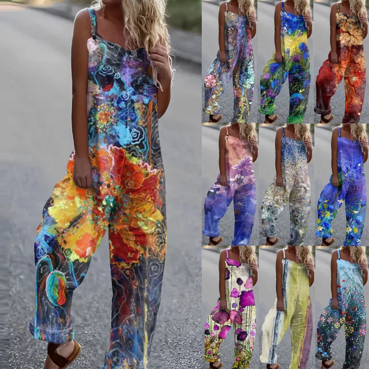 

2023 New Women One Peice Jumpsuits Innovation Digital Print Loose Casual Overalls Floral Sleeveless Elegant Summer Rompers