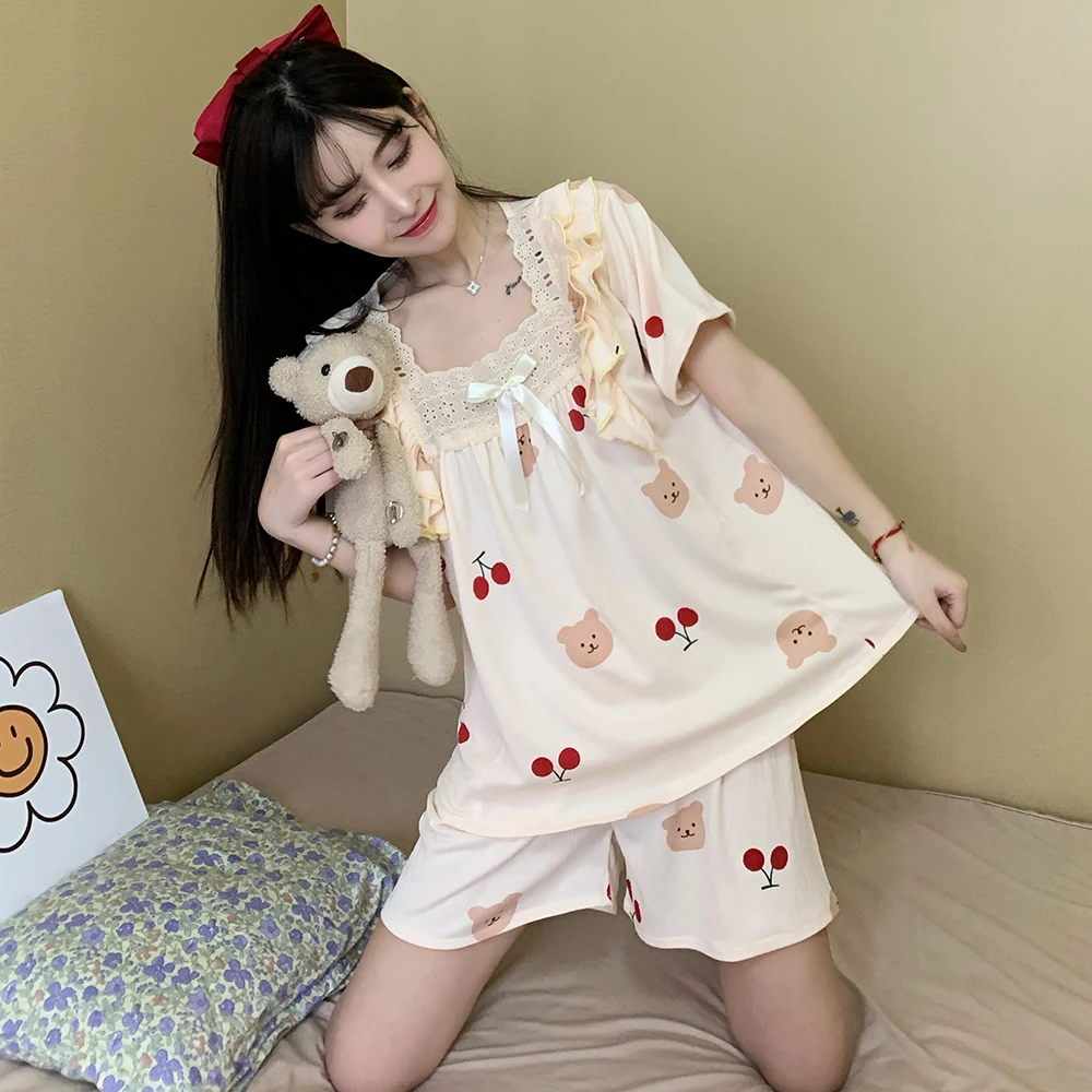 Pure Cotton Summer Women Pajamas Short Sleeve Lace Girl Pyjamas Cute  Ladies Trousers Large 2 Piece Home Clothes Korea Style 6XL