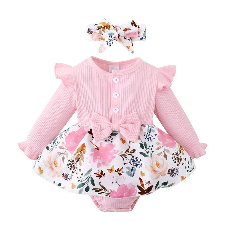 Spring And Autumn Children Baby Girl  Lovely Long Sleeve Pink Bow Flower Onesie Printed Skirt Set Clothes