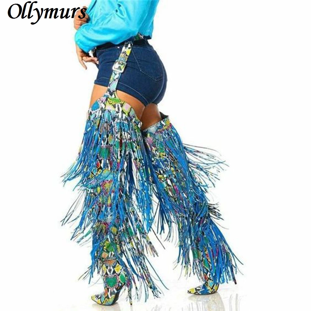 

Color Snake Tassel Sexy Stage Fashion Thin Heel Side Zipper Long Knee Boots