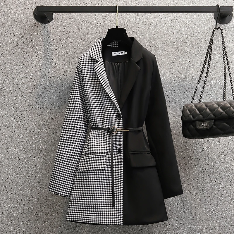

Large Size Women High Street Fashion Blazer Dress Spring 2022 Houndstooth Plaid Patchwork Black Long Sleeve Ladies Dresses