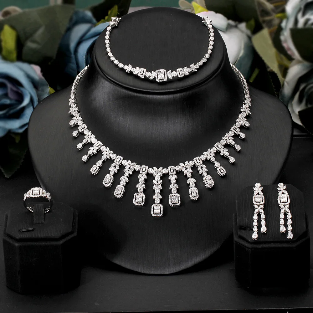 

JEWEL Luxury Big 4pcs Bridal Jewelry Set With Cubic Zirconia for Saudi Arabic Dubai Women Party Wedding Dresses Accessories