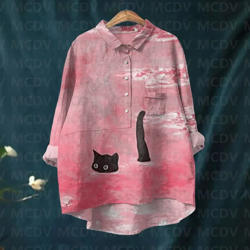 Женская повседневная блузка с лацканами и милым черным котом цветочным принтом