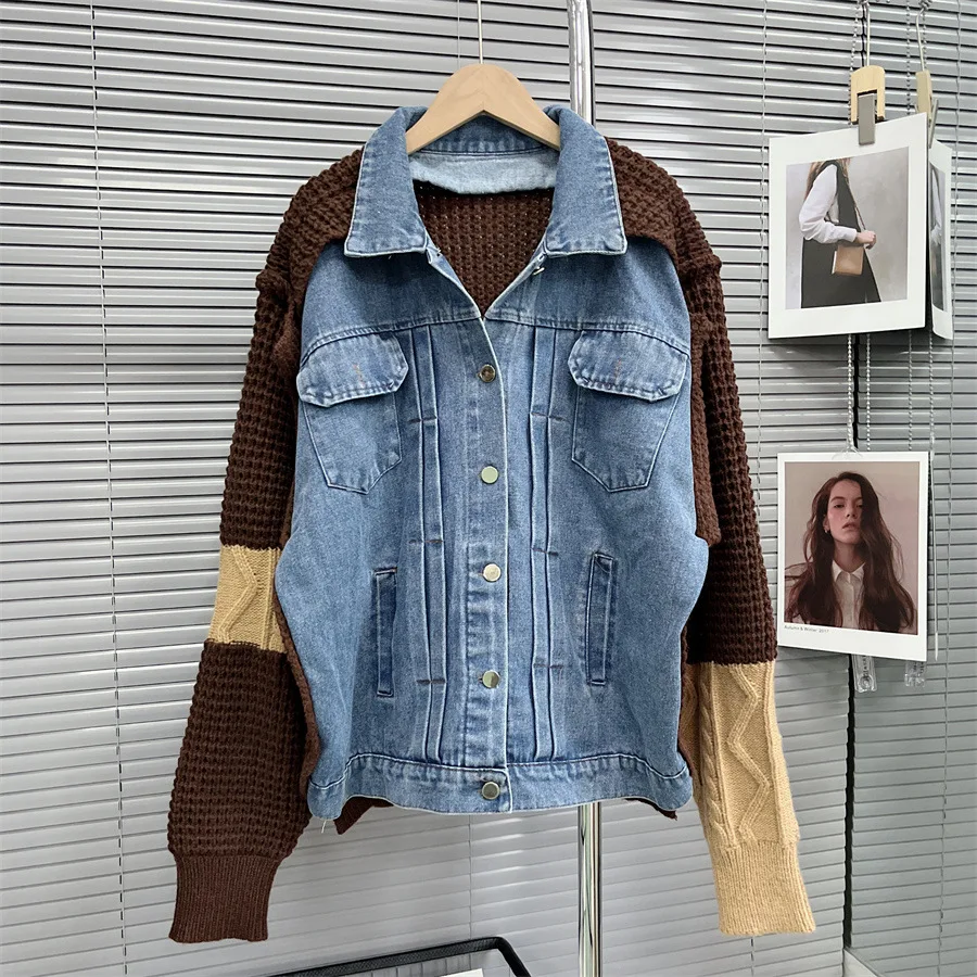 

SuperAen 2022 Autumn and Winter New Korean Style Retro Casual Holiday Two-piece Stitching Knittted Denim Jacket Women