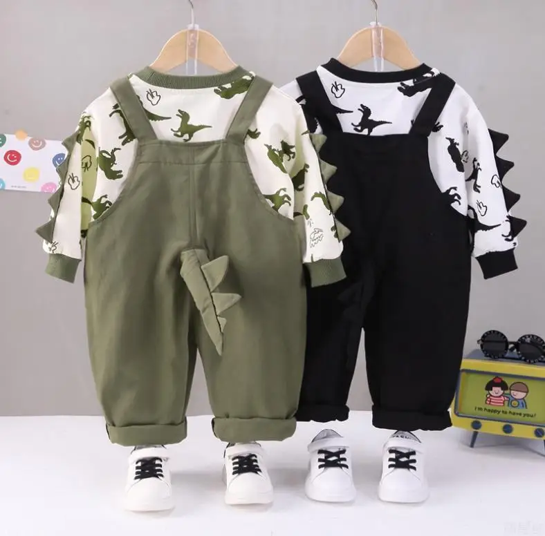 

Весенне-осенняя одежда для маленьких мальчиков, рубашка с длинным рукавом и мультяшным принтом динозавра + комбинезоны, Одежда для младенцев, спортивные костюмы для малышей