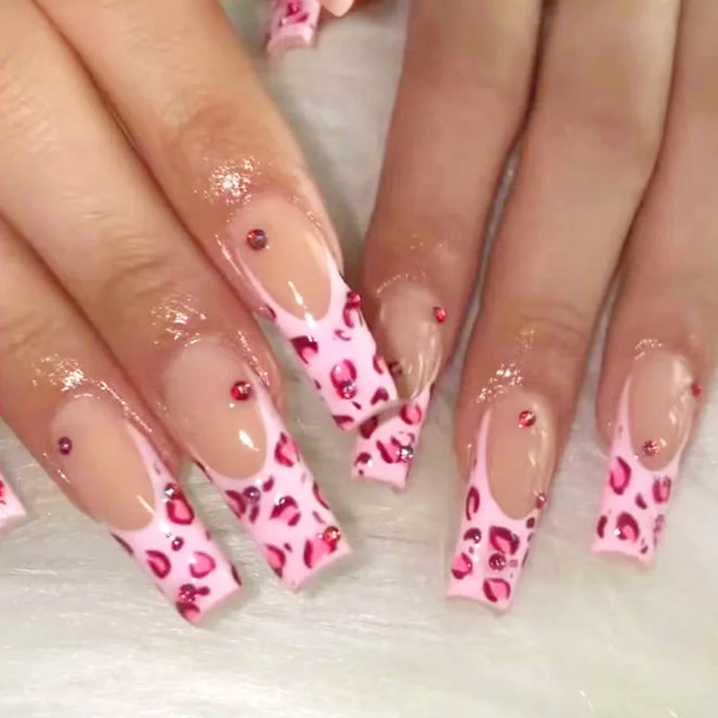 

24pcs/Box Red Diamond Pink Leopard Print False Press On Nails Wearable Long Coffin Fake Nails Full Cover Nail Tips
