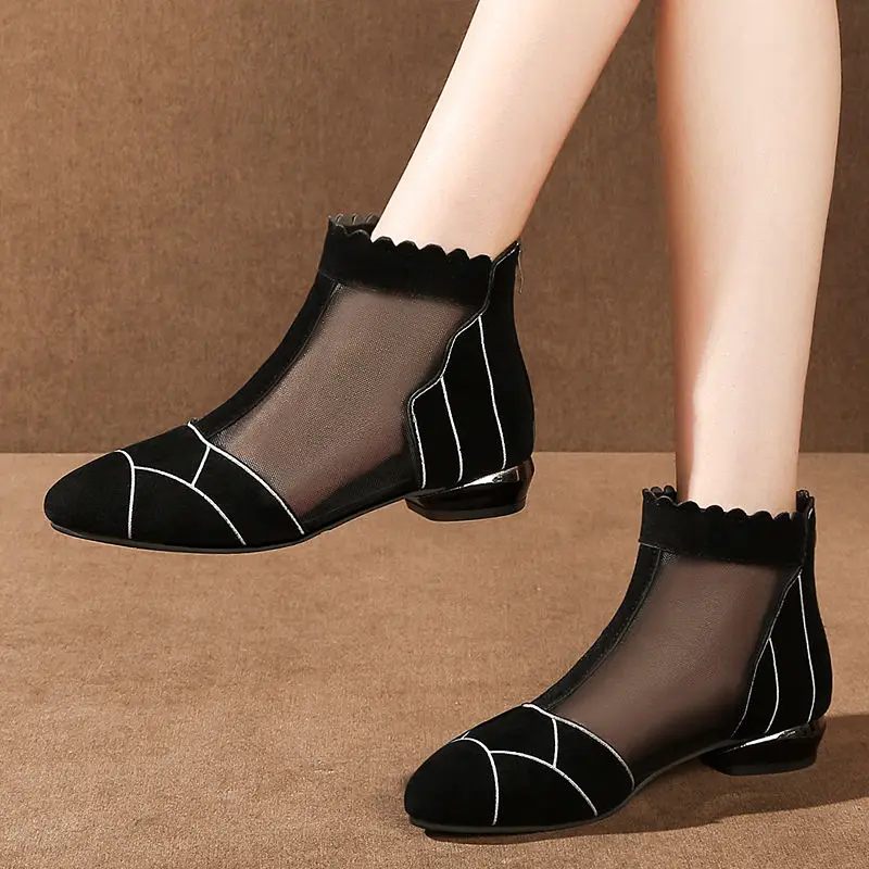 

Air Mesh Leather Ankle Booties Women Summer Desginer Flats Ladies Dressy Shoes Zip Up Womens Glitter Short Boot Woman Flat Shoes