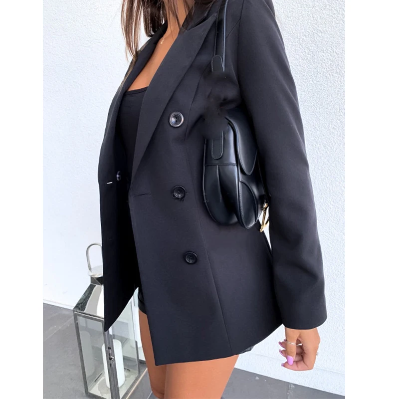 Solid Jackets Black Lapel Long Sleeves Button Office Lady Khaki Business Suits Blazer Spring Women Double Breasted Blazer Coats