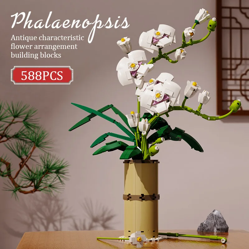 

DIY Boxed Phalaenopsis Bouque Potted Red Plum Blossom Flowers Building Blocks Bouquet with Vase Bricks Toys Gift Home Decor Toys