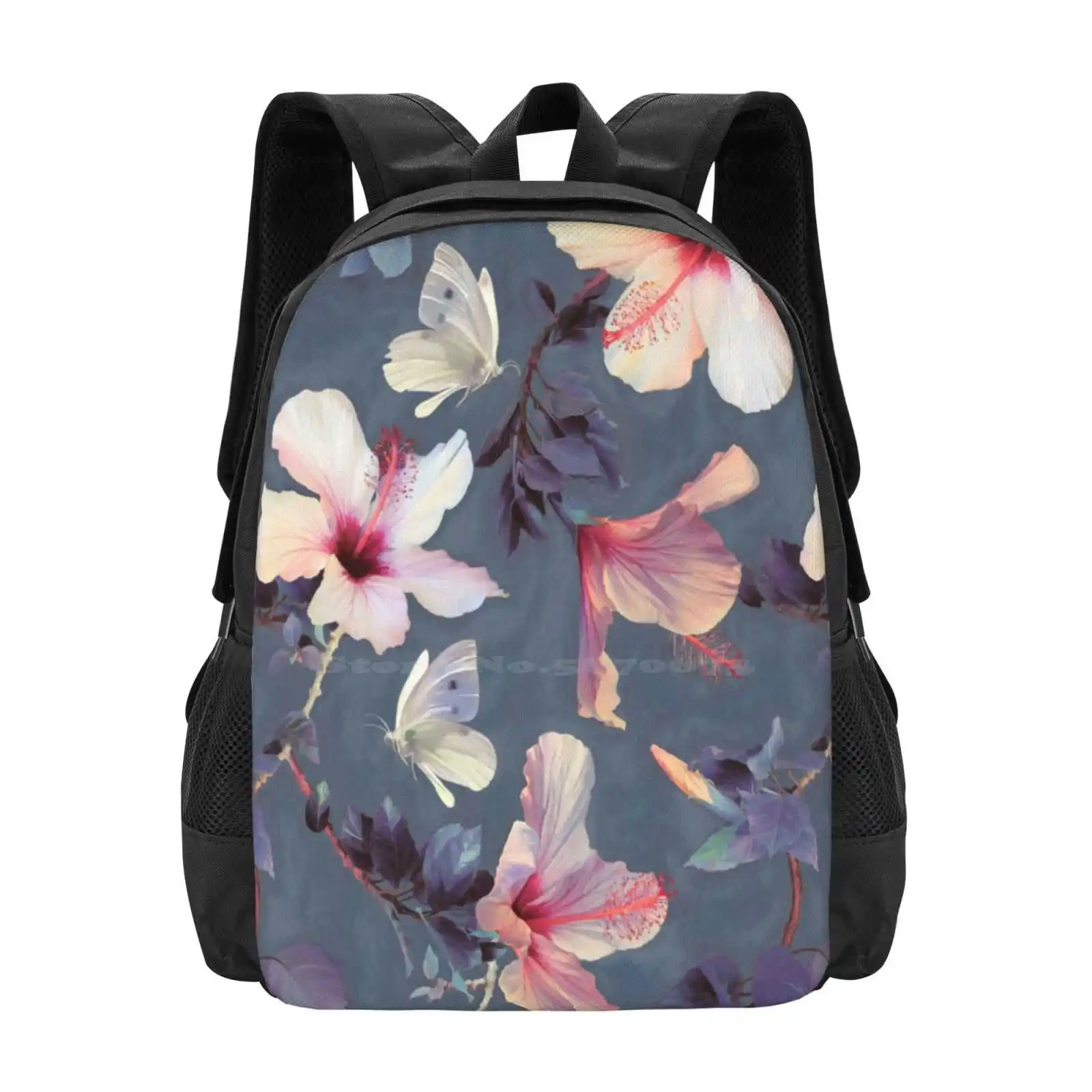 

Butterflies And Hibiscus Flowers-A Painted Pattern Pattern Design Bag Student'S Backpack Floral Flowers Hibiscus Blooms