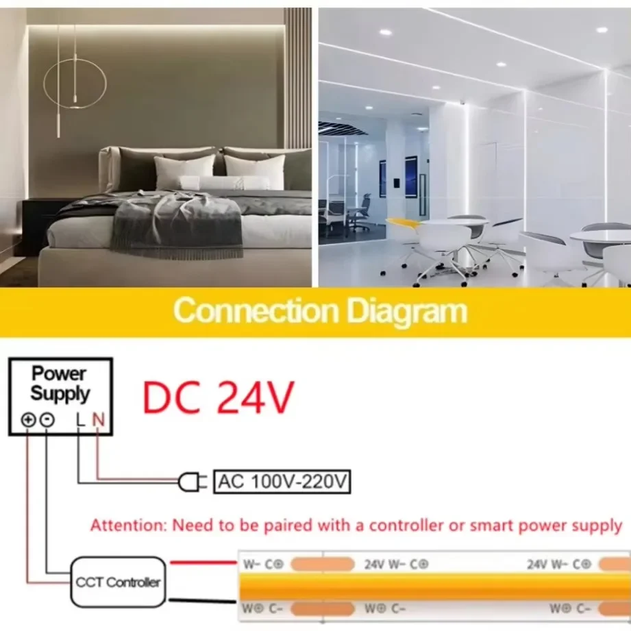 Фото 0,5 м-10 м DC24 В FOB COB Светодиодные ленты RA98 Гибкая лента высокой плотности 480 светодиодов/м Линейное затемнение 3000 К до 6000 К Для декора комнаты №4