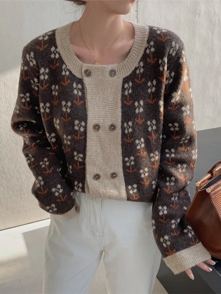 

Hsa Women Winter Sweater Cardigans Oneck Retro Vintage Knitted Jackets Floral Printed Spring cardigan women traf Female Sweater