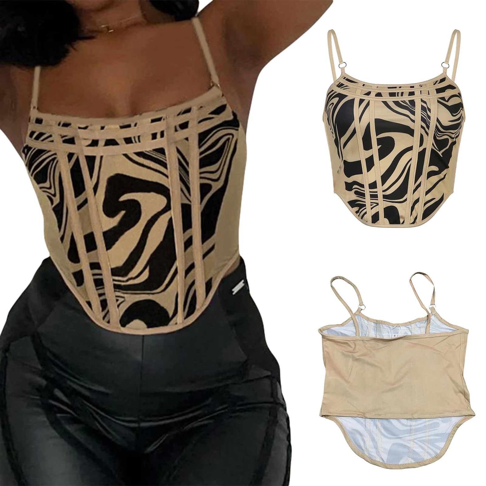 

Women Stylish Slim Camisole Vintage Irregular Pattern Color Matching Summer Cool Sexy Low-Cut Wild Fashion Beam Sling Tops