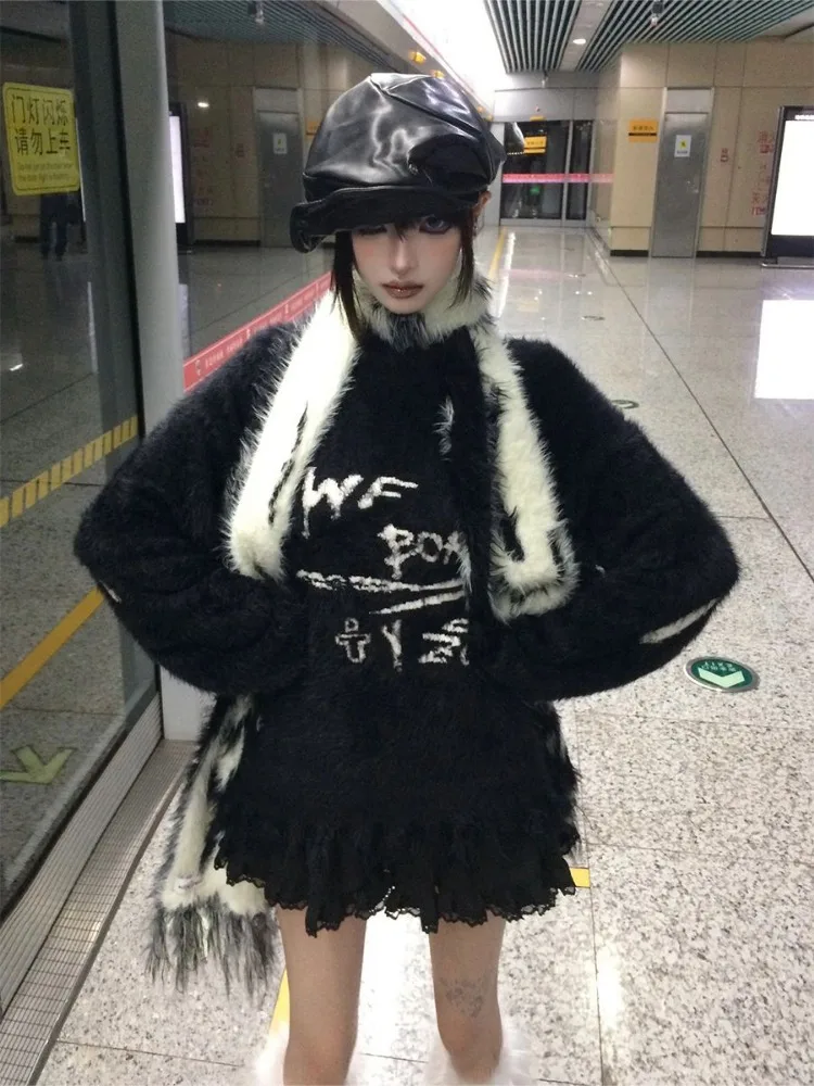 Свободный женский свитер в стиле ретро Y2k винтажный трикотажный панк с надписью