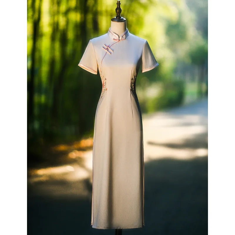 

2022 Champagne Summer Women Cheongsam Embroidery Chinese Style Dress Vintage Casual Elegant Short Dresses