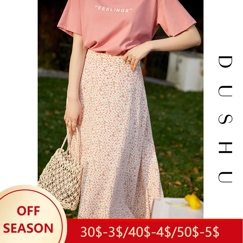 

Женская юбка с цветочным принтом DUSHU, красная трапециевидная юбка средней длины с высокой талией в богемном стиле, лето 2021