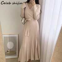 apricot knit dress women 2022 spring v neck spaghetti elegant sweater dress vestido female long sleeve korean vintage clothing
