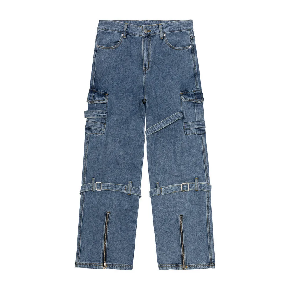 Wide Leg Cargo Pants Autumn New Streetwear Baggy Hip Hop Jeans Big Pockets Men Korean Fashion Loose Straight Male Clothing Blue