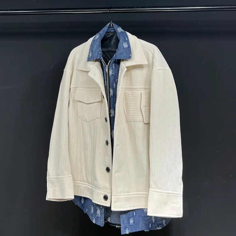 

Corduroy Personality Niche Design Shirt Jackets Fake 2 Pcs High Quality Denim Patchwork 2024 Autumn Coat Stylish 21F1248