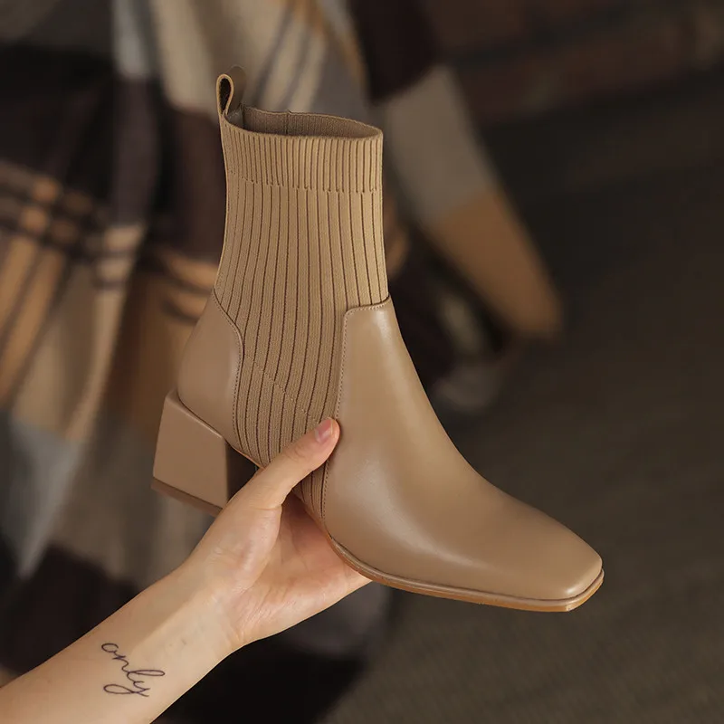 

2023 Autumn Winter New Ankle Socks Shoes Women Fashion Large Size 42 Knitted Short Boots Women Slip On High Heels Botas De Mujer