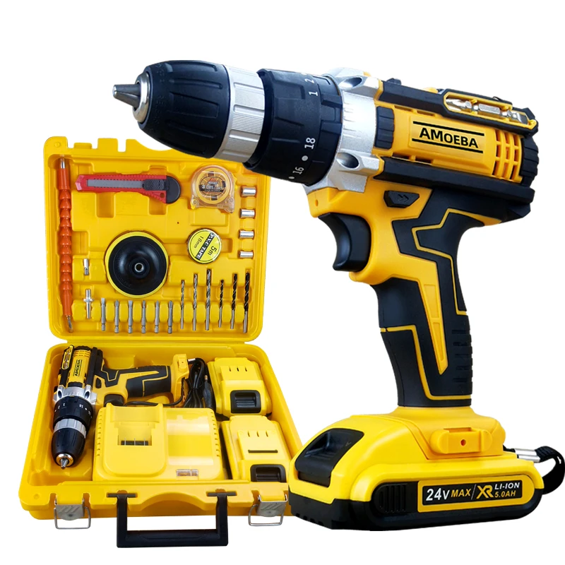 Good Quality 24V Yellow Color Electrical Tool Kits Cordless Electric Drill Set with Two Batteries One Charger Plastic Box