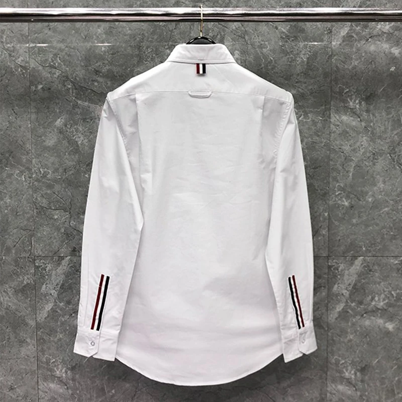 TB THOM Shirt Fashion Brand Tops Spring Autunm Vertical Stripe On Sleeve Design Casual Cotton Oxford Slim Wholesale Men’s Shirt