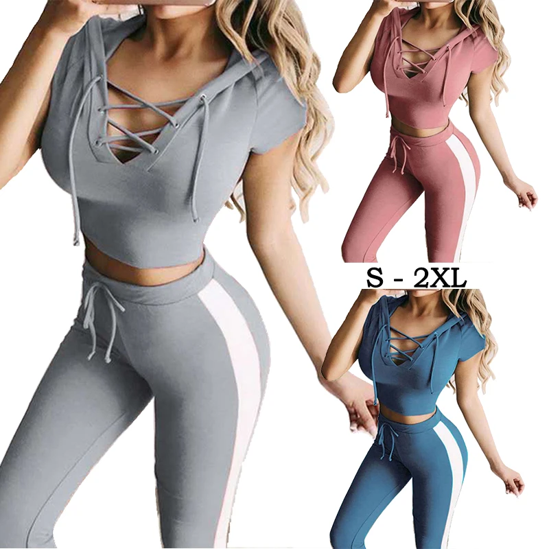New Yoga Suit Women Fashion Short Sleeve Women Tracksuit Sportwear T-shirt & Pants Trousers Jogging Suit Hooded T-shirt