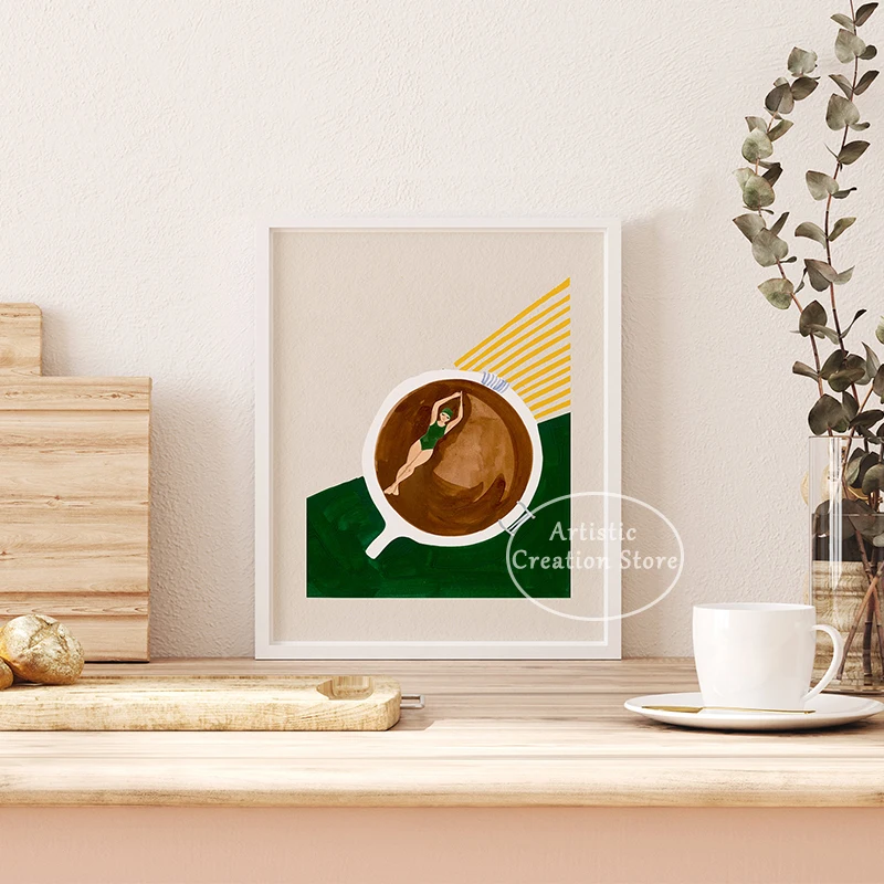 Постер для дайвинга в стиле ретро с изображением девушки-кофейни доброе утро