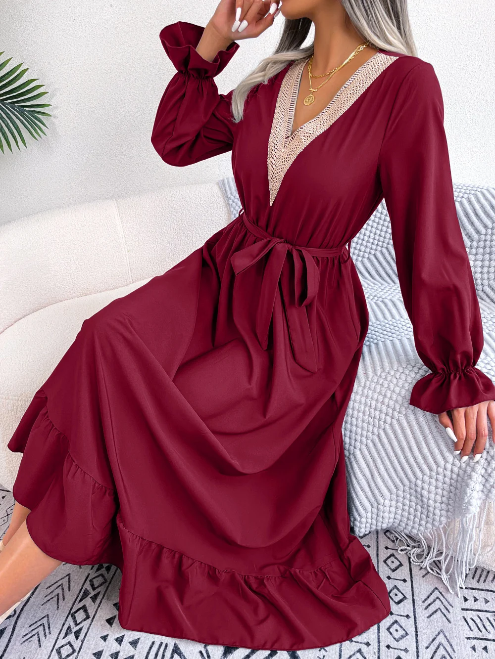

Casual loose print 2023 new dress,Temperament V-Neck Lace Waist Ruffle Edge Long Dress for Women