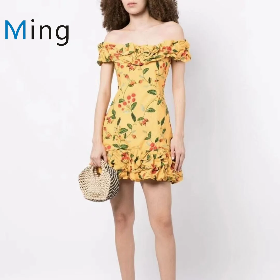 Women Vintage Style Yellow Flower Print Waist Cotton Dress