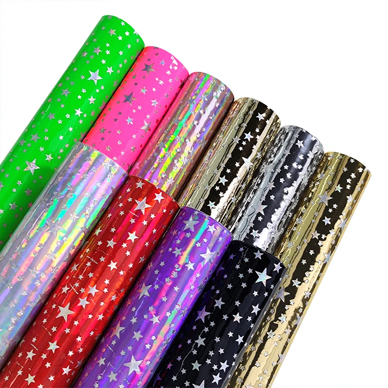 

46*135CM Laser Holographic Foiled Silver Stars Pattern Embossed Patent Faux Leather for Making Shoe Tote Stationery Bags