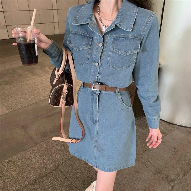 

Spring Long Sleeves Women Jean Dress Blue Baggy Vintage Casual Short Skirt Waist-in-chic Design Streetwear Female Denim Dress