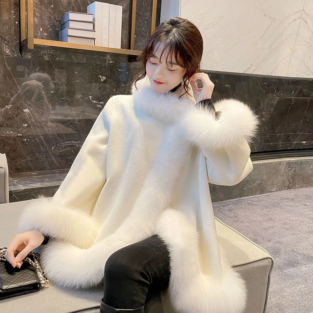 Winter Fashion Fur Jacket For Women's Poncho Coat Mid-length 2021 New Loose Shawl Cloak Faux Fox Elegant Ladies Plush Overcoats