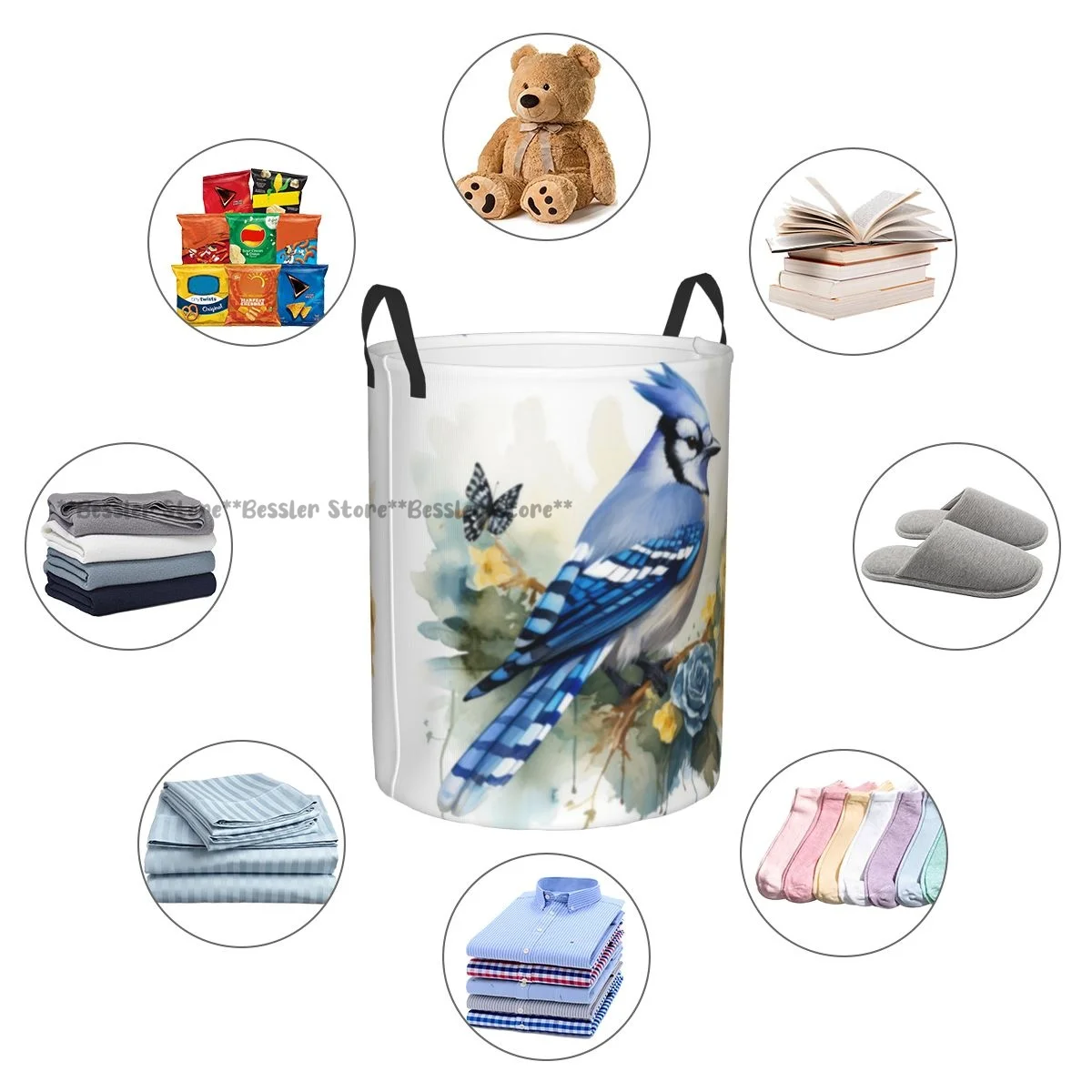 Голубой Джей Perches возле потрясающих цветов стильная корзина для белья с рисунком