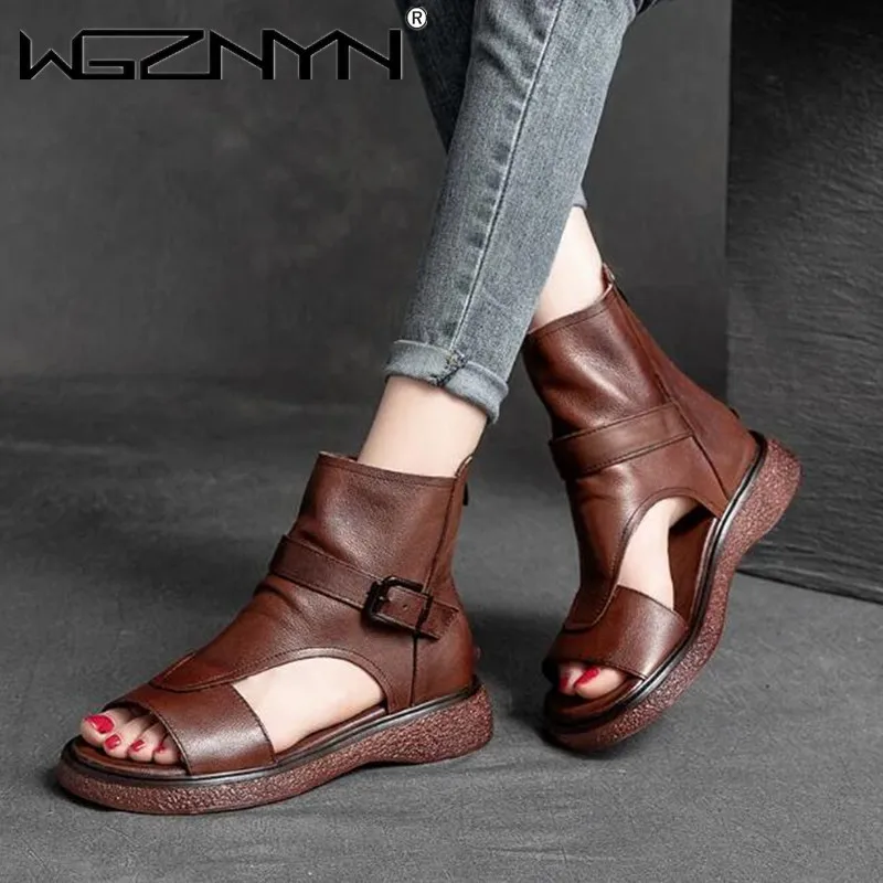 

Leather Platform Single Boots Women High-top Roman Women's Retro Sandals Thick-soled Open-toe Womens Cool Boots Fish Mouth Shoes