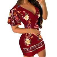 mini dress women deep v neck short sleeve waist tight colorful floral print skinny party dress female clothes elegant vestidos