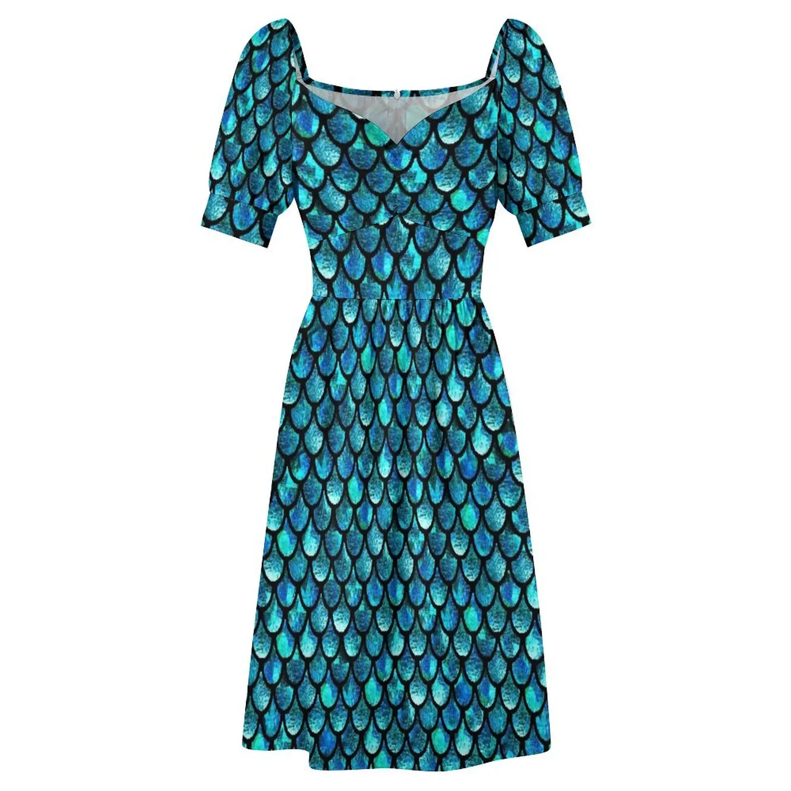 Чешуя русалки - бирюзово-синее платье с короткими рукавами Женские платья летнее