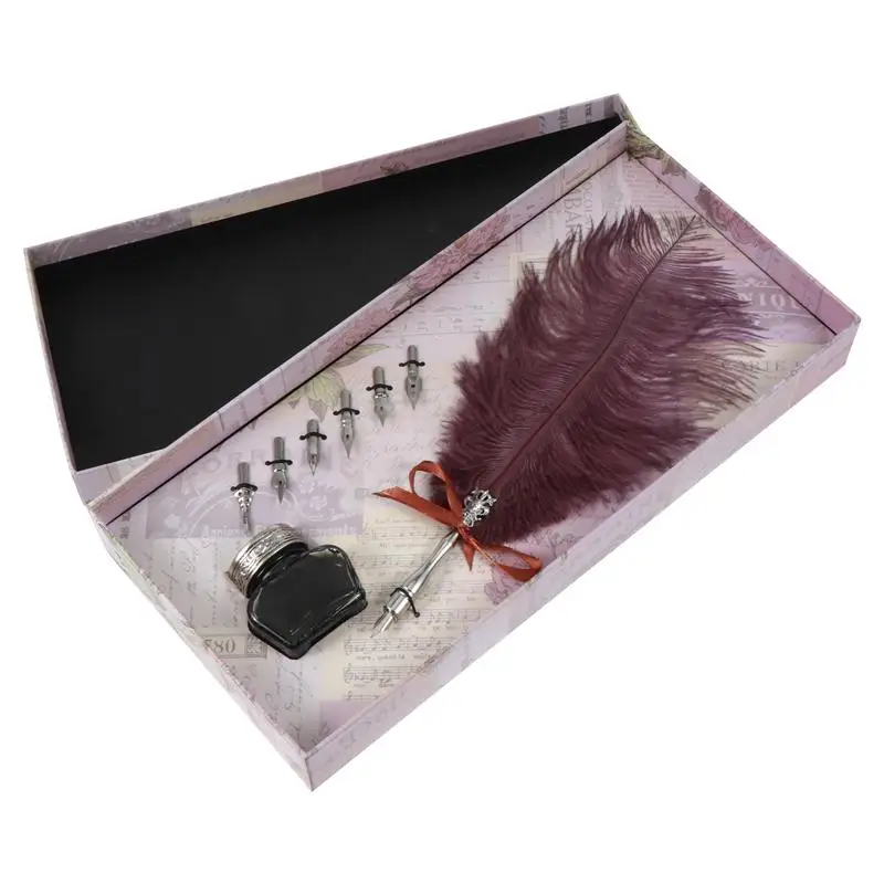 

Antique Quill Feather Dip Pen Writing Ink Set Stationery Gift Box With Replacement Nibs Ink Creative Business Gift Stationery