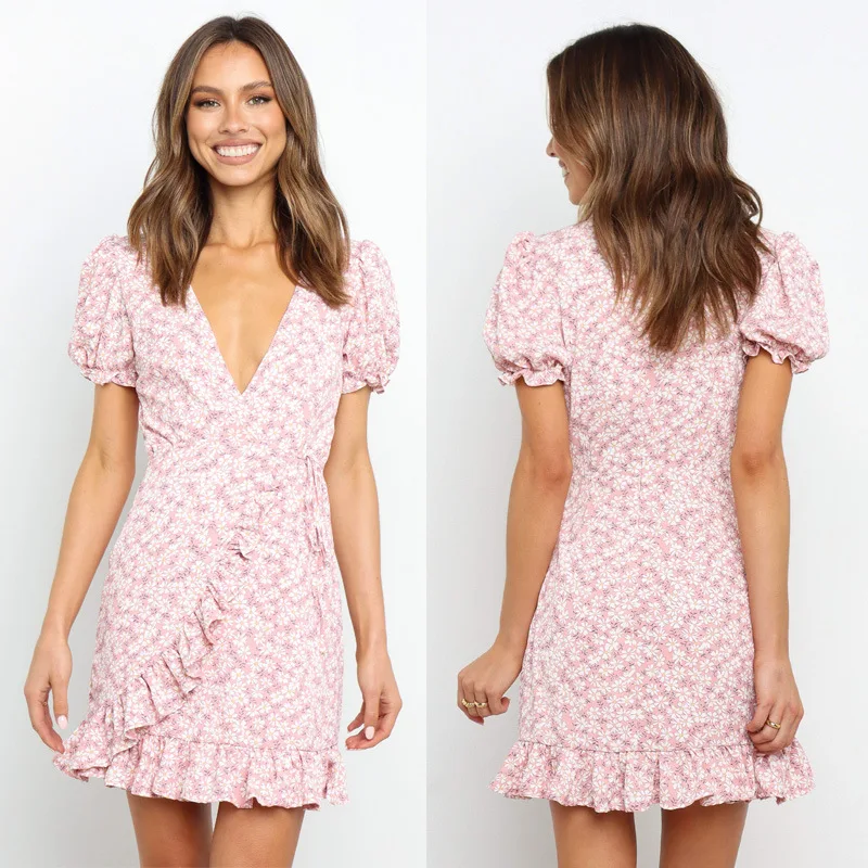 

European And American-Style2022Spring and Summer New SexyvCollar Ruffled Short Sleeves Printed Dress