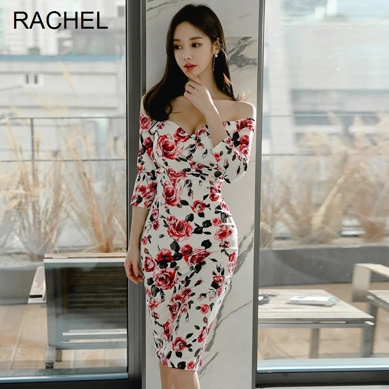 

Женское платье с открытыми плечами, облегающее платье средней длины с принтом в виде богини, в Корейском стиле, осень